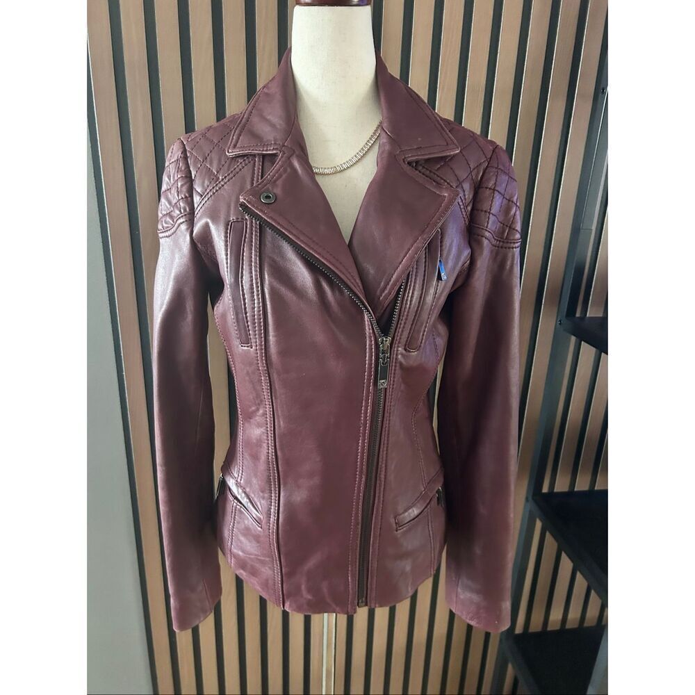 Anne Klein Women's Genuine Real Leather Soft Burgundy Jacket Moto Biker Jacket S - Picture 1 of 9